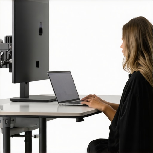 A properly elevated computer monitor illustrating the 15-degree rule for neck pain prevention.