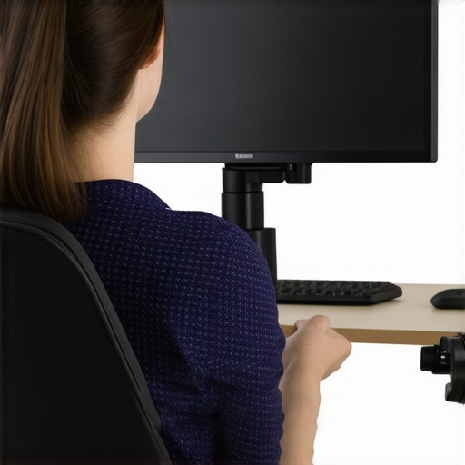 A properly adjusted workstation with a monitor arm and lumbar support to maintain spinal health.
