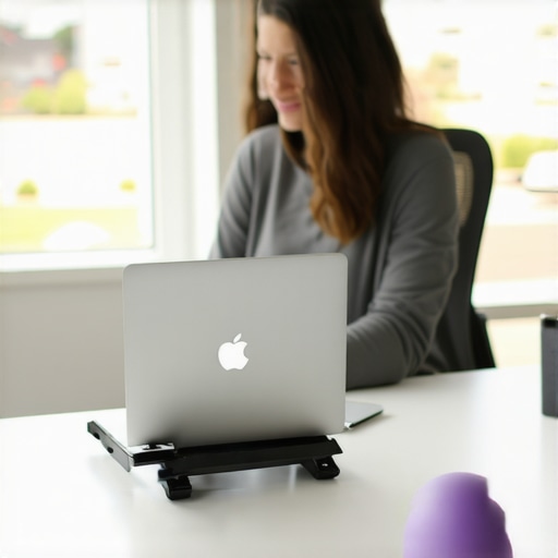 A person utilizing a laptop riser and a lacrosse ball for daily spinal maintenance and mobility.
