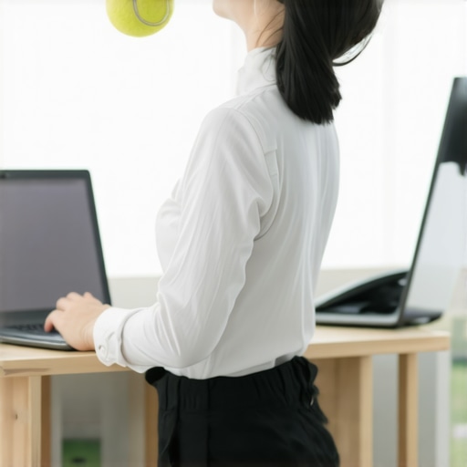 Person using a tennis ball for back pain relief at a desk