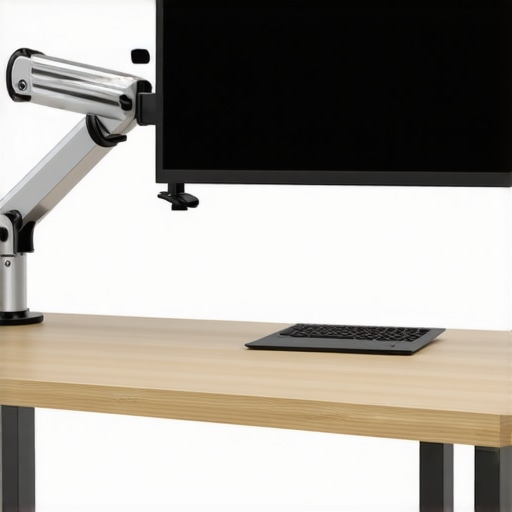 A monitor arm holding a screen at the correct ergonomic height to prevent neck pain.