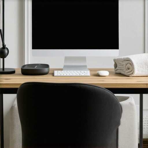A desk with a monitor riser and lumbar support to maintain neck health and balance.