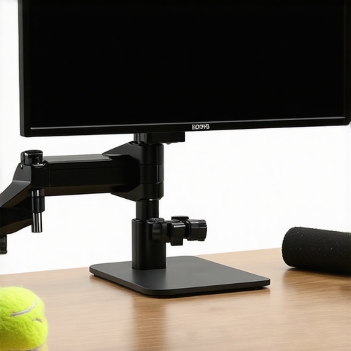 A monitor arm, tennis ball, and foam roller on a desk for spine health maintenance.