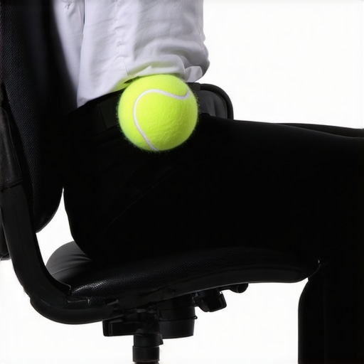 A tennis ball and lumbar roll being used for spinal support in an office chair
