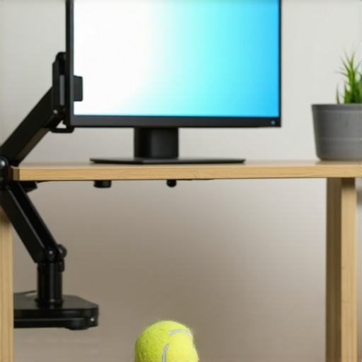 Close up of a monitor arm and foot mobility ball in a home office