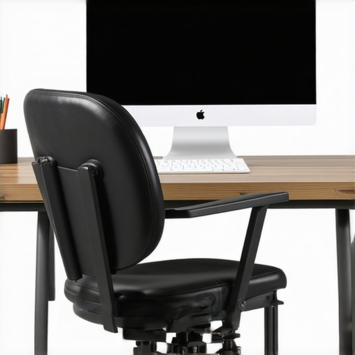 Ergonomic desk setup with lumbar roll and monitor riser to prevent back and neck pain