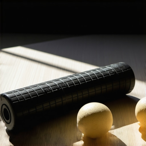 High-density foam roller and lacrosse balls on a yoga mat for back pain maintenance
