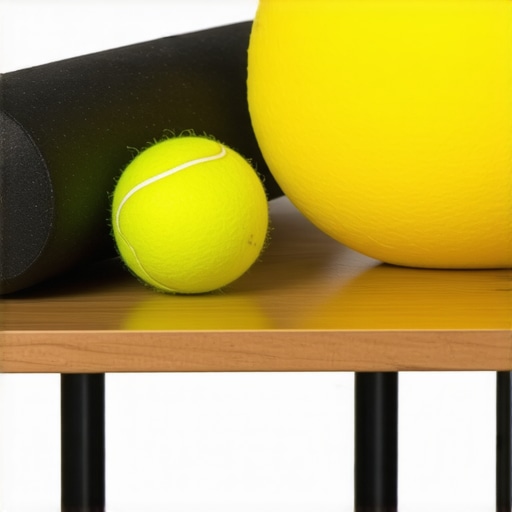 A lumbar roll and a tennis ball used for spinal maintenance and glute tension release.