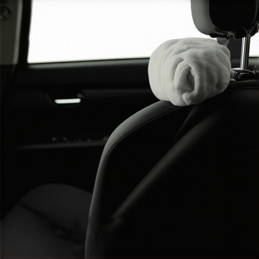 A black ergonomic lumbar roll positioned on a car seat for sciatica relief.