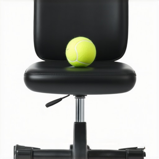 Ergonomic tools for spinal health including a lumbar roll and tennis ball.
