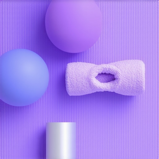 A collection of physical therapy tools including a lacrosse ball and lumbar roll on a yoga mat.