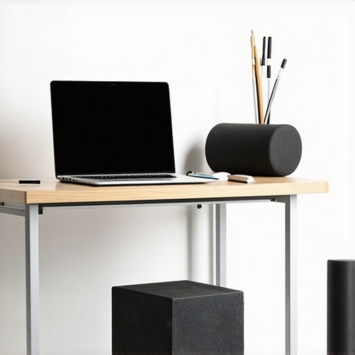 A home office setup showing a laptop stand, yoga block, and foam roller for spine health maintenance.