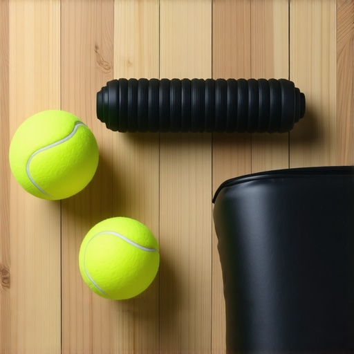 A collection of simple tools for back pain maintenance including a tennis ball and lumbar support.