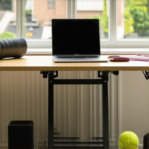 Home office setup showing a laptop riser, foam roller, and tennis ball for back health maintenance.