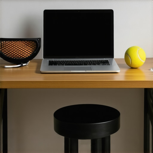 A desk setup with a laptop stand, lacrosse ball, and footstool to prevent back and neck pain.