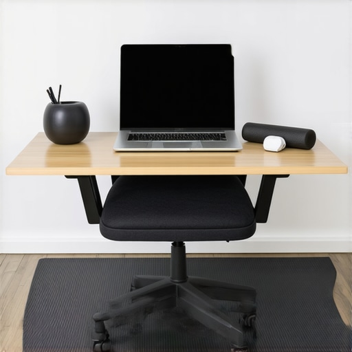 An ergonomic home office setup featuring a laptop stand and lumbar support for scoliosis maintenance.