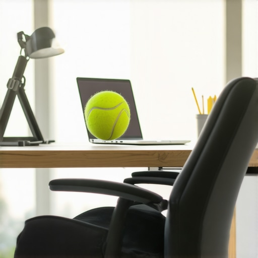 A collection of ergonomic tools including a lumbar roll and monitor stand on a professional desk setup.