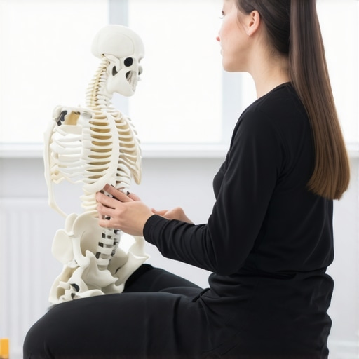 A physical therapist showing a patient how hip mobility affects the lower back using a spine model.