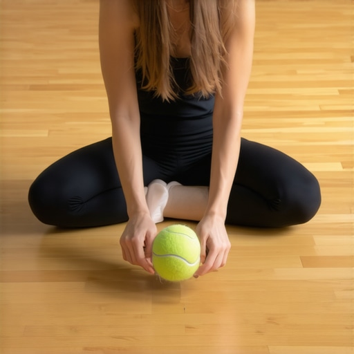 A person performing a self-massage on their glutes using a tennis ball on a living room floor.