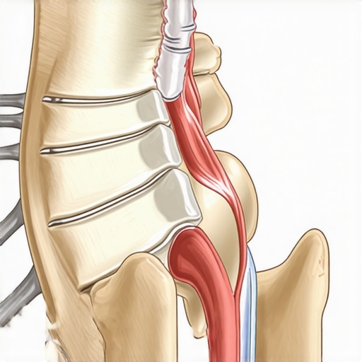 Medical illustration of a lumbar herniated disc compressing a spinal nerve root.