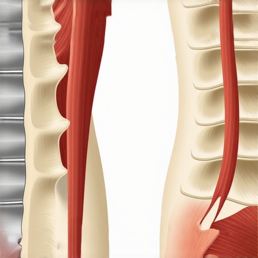 Anatomy illustration showcasing the difference between a protected lumbar spine and a vulnerable spine under shearing forces.