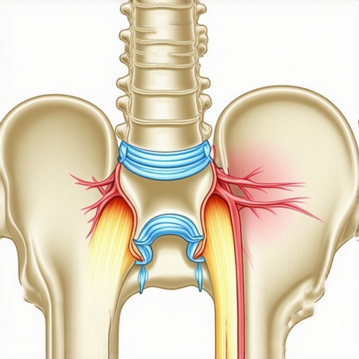 Anatomical diagram showing L5-S1 disc and sciatic nerve compression