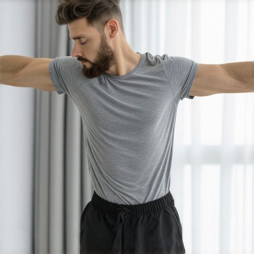 A man stretching his chest in a doorway to correct rounded shoulders and improve posture.
