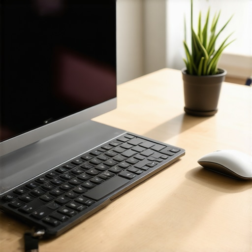 A laptop elevated on a riser with external keyboard and mouse to improve spinal alignment.