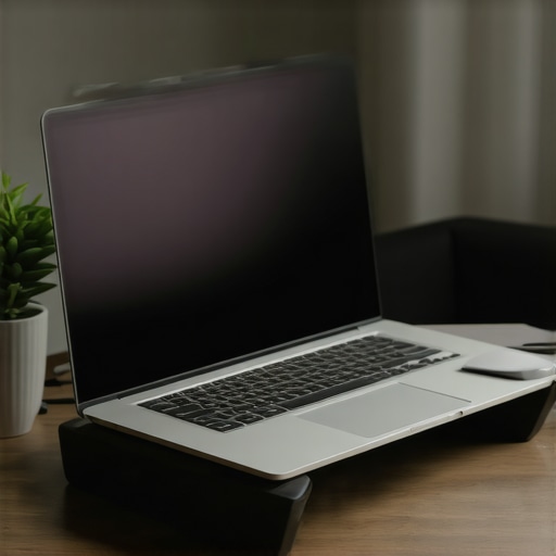 An ergonomic home office featuring a laptop stand and vertical mouse for back and neck health.
