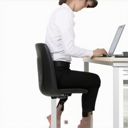 A person demonstrating postural variability at a desk to avoid static loading and neck pain.