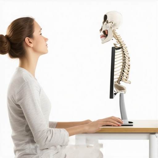 Diagram showing the difference between natural spinal curves and forced straight posture at a computer desk.
