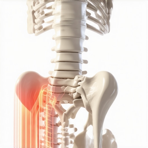 Anatomical view of a sensitized sciatic nerve and protective muscle spasms in the lower back.