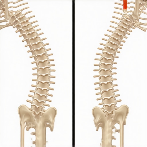 Diagram showing how standing too straight can pinch nerves in the lower back compared to a healthy neutral spine position.