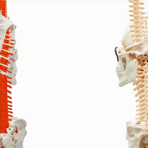 Diagram comparing a rigid forced posture with high muscle tension versus a healthy neutral spinal alignment.