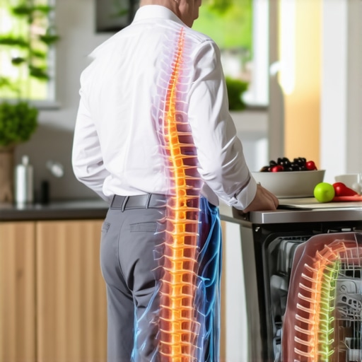 Diagram of correct spinal posture while loading a dishwasher to avoid back pain.