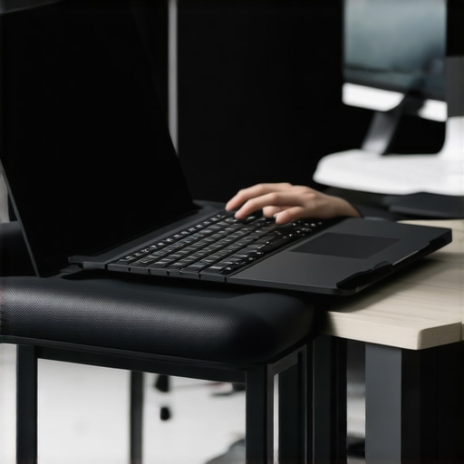 Ergonomic workspace setup with laptop riser and lumbar support to prevent back and neck pain.