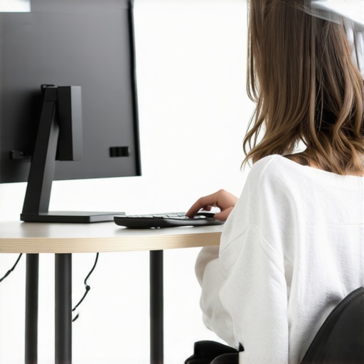Person demonstrating proper monitor height and relaxed posture to prevent neck pain