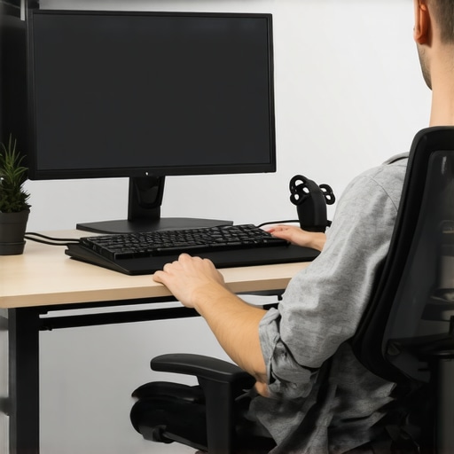 A person demonstrating a proper ergonomic desk setup and a wall slide exercise for neck and back maintenance.
