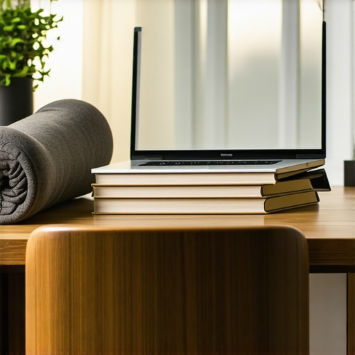Laptop raised on books with a lumbar roll on the office chair for back support