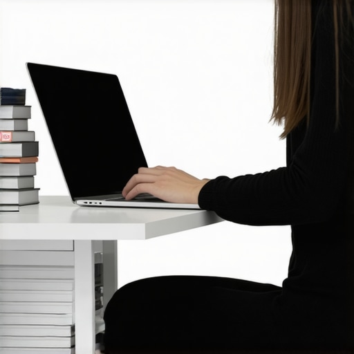 Person using a laptop stand to maintain correct spinal alignment at a desk