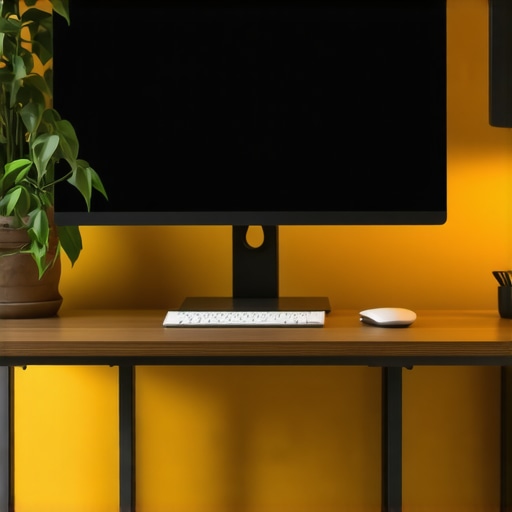 Professional ergonomic desk setup showing monitor at eye level to prevent neck pain