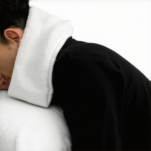 A demonstration of using a rolled towel for neck support during sleep to relieve herniated disc pain.