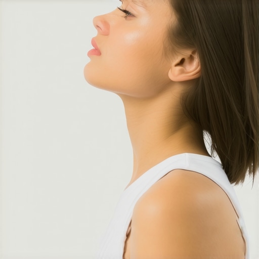 A person demonstrating a chin tuck or cervical retraction to fix neck and shoulder blade pain.