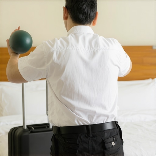 Person using a massage ball for back pain relief in a hotel room after a flight.