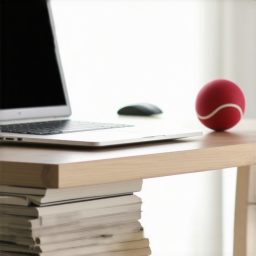 A tennis ball and a raised laptop setup for better ergonomic posture and back health.