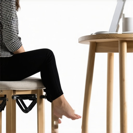 A person demonstrating how to use a footstool to vary posture and reduce spinal stress at a desk.