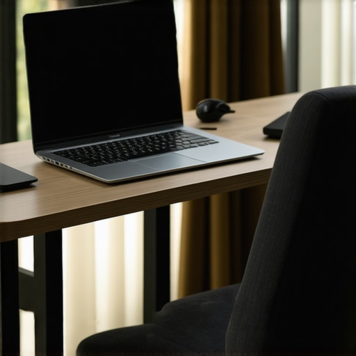 A desk with a laptop riser and lumbar support roll to prevent neck and back pain during work.