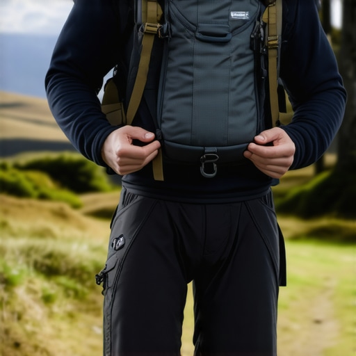 A person adjusting backpack straps to distribute weight to the hips and protect the spine.