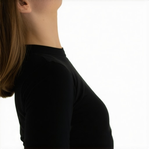 Person performing a chin tuck to relieve neck and shoulder tension
