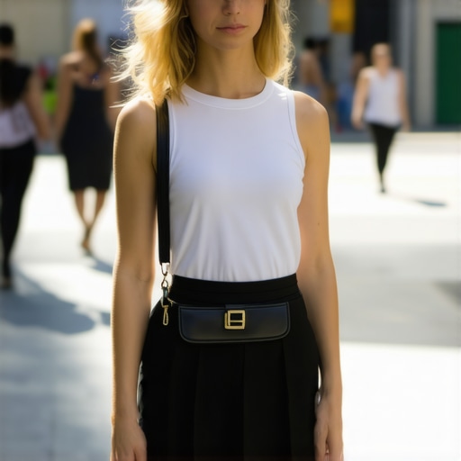 Woman demonstrating how to wear a crossbody bag to maintain a straight spine and level hips.